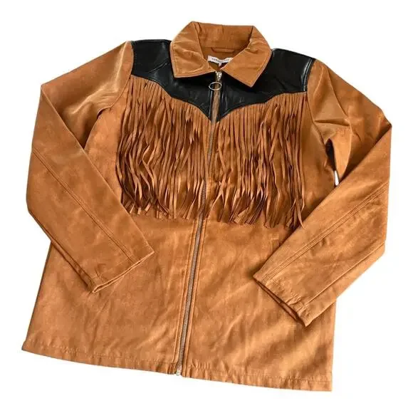 WeWoreWhat Fringe Western Faux Suede Jacket Acorn Brown and Black Medium NWT - Picture 2 of 10